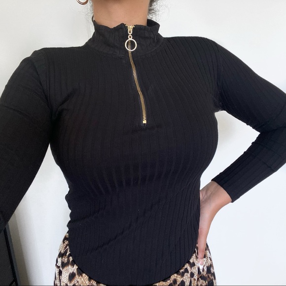 Zip Up Mock Neck Long Sleeve Top with Gold Zipper - Picture 3 of 5